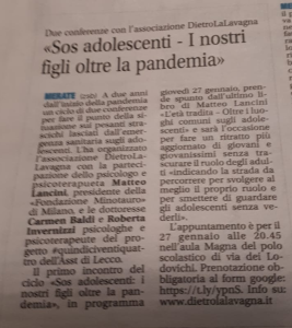 Articolo sul Giornale di Merate - 18-01-2022